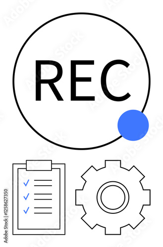 REC recording indicator with blue dot, checklist with checkmarks, and gear icon. Ideal for workflows, productivity, recording, planning, task management, automation communication abstract line flat