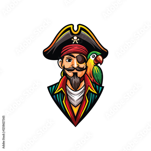 Create a vintage cartoon illustration of a swashbuckling pirate captain, one-eyed, with a weathered face, tattered clothes, and a jolly roger.