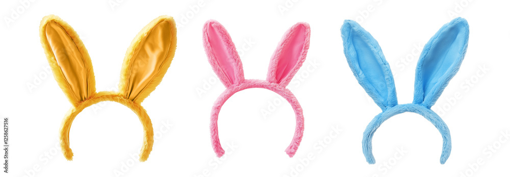 Set of yellow, pink and blue colorful bunny rabbit ears headband isolated on white or transparent background, cute Easter bunny costume, png
