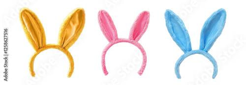Obraz na płótnie Set of yellow, pink and blue colorful bunny rabbit ears headband isolated on white or transparent background, cute Easter bunny costume, png w salonie
