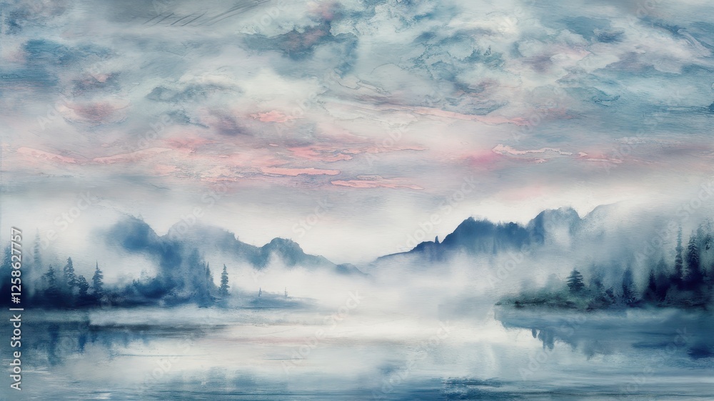 Fototapeta premium A serene landscape featuring soft pastel colors, with misty mountains and tranquil waters reflecting the sky at dawn.