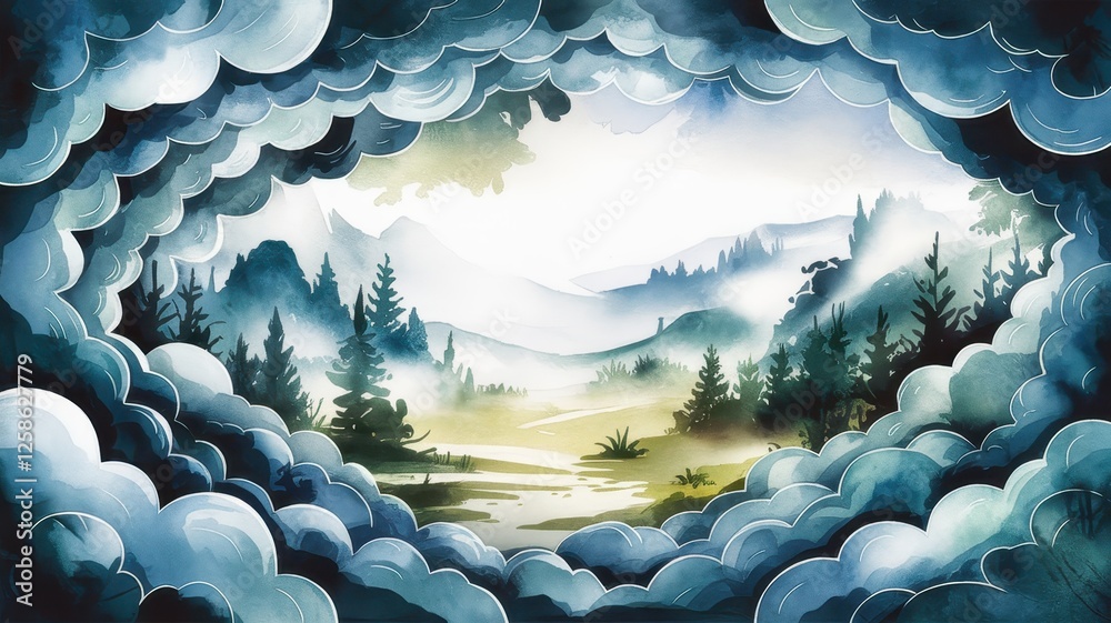 Fototapeta premium A dreamy landscape framed by whimsical clouds, showcasing rolling hills, dense forests, and a serene misty ambiance.