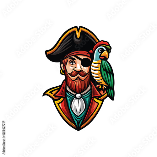 A whimsical vintage cartoon pirate captain, one-eyed, with a weathered face, jolly demeanor,  and a flamboyant pirate hat.  Detailed clothing and a treasure chest.