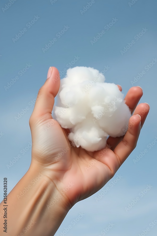 Holding White Cotton Ball Against Blue Sky Concept of Softness Holding White Cotton Ball Against Blue Sky Concept of Softness