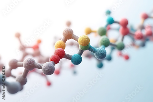 Molecular structure with colorful atoms and bonds, representing scientific research and innovation in chemistry. vibrant colors highlight complexity and beauty of molecular formations