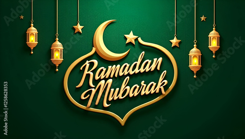 Ramadan Mubarak greeting card with lanterns and crescent on green background
