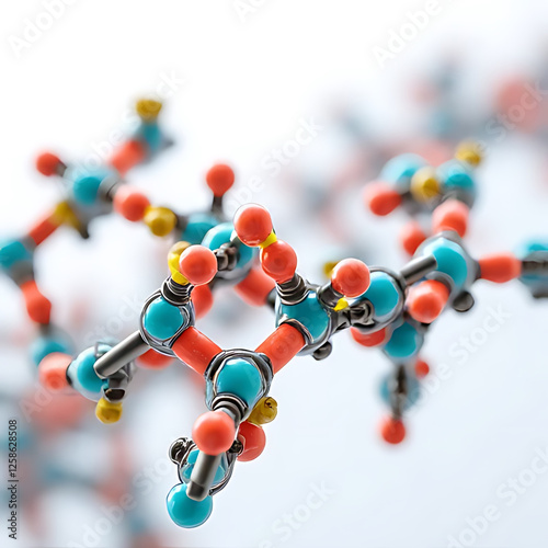 Molecular structure with colorful atoms showcasing intricate connections and bonds, representing complexity of chemical compounds and molecular biology