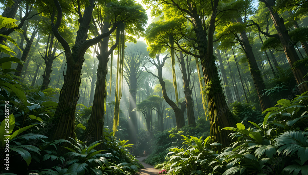 Obraz premium Lush Green Forest With Sunlight Streaming Through Dense Canopy