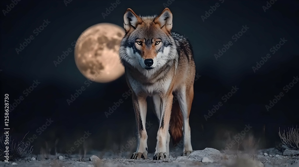 Coyotes Under Full Moon In Desert Landscape Coyotes Under Full Moon In Desert Landscape