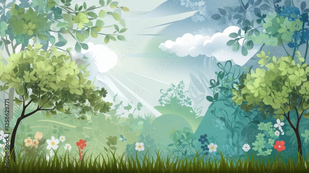 Fototapeta premium A serene landscape illustration featuring vibrant greenery, colorful flowers, and gentle sunlight streaming through the clouds.