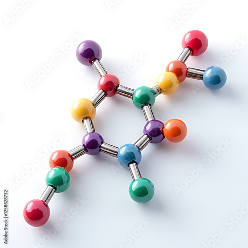 Colorful molecular model representing chemical structure, showcasing vibrant spheres connected by metallic rods, ideal for educational and scientific themes