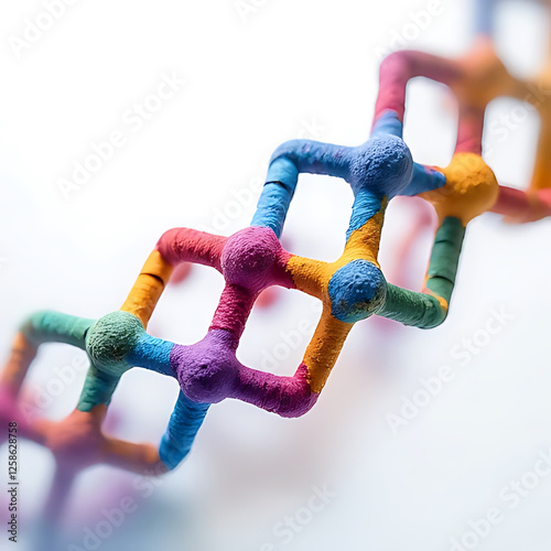 Colorful molecular structure model showcasing interconnected atoms, representing scientific concepts in chemistry and biology. This vibrant design emphasizes beauty of molecular formations