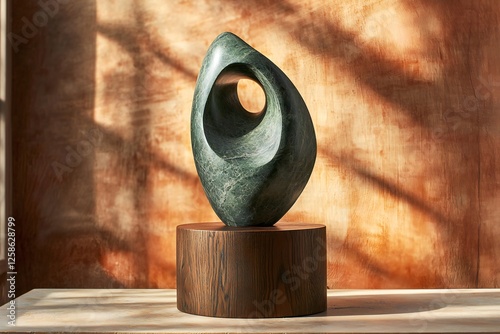 Abstract Green Marble Sculpture on Wooden Base Modern Art Interior Design