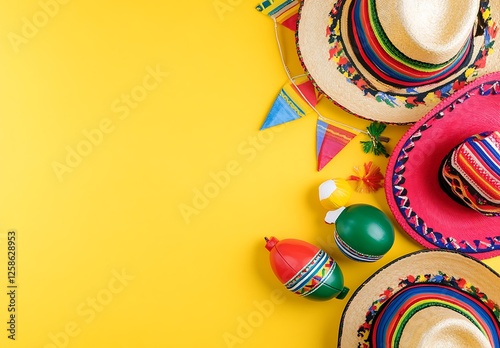 A vibrant yellow background with colorful Mexican decorations like sombreros, maracas, and tequila glasses