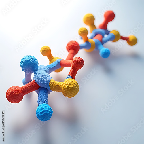 Colorful molecular structure model representing scientific concepts and research. This vibrant depiction showcases intricate connections and bonds between atoms, emphasizing beauty of chemistry