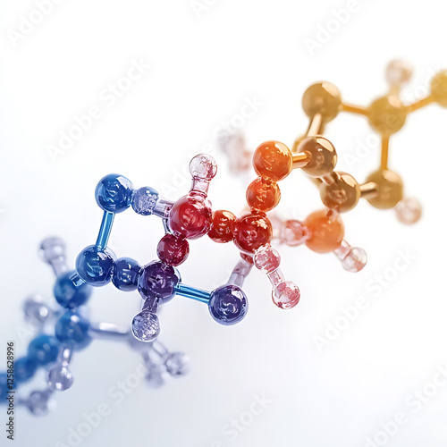 Molecular structure with colorful atoms and bonds, representing scientific research and chemistry. vibrant colors and intricate design evoke sense of discovery and innovation in field of molecular
