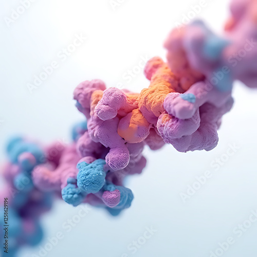 colorful abstract representation of molecular structures, showcasing vibrant pink, blue, and orange hues. intricate details evoke sense of wonder and curiosity about microscopic world
