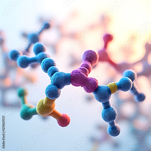 Molecular structures in vibrant colors showcase complexity of chemical compounds, highlighting beauty of science and innovation. This captures intricate details of molecular formations