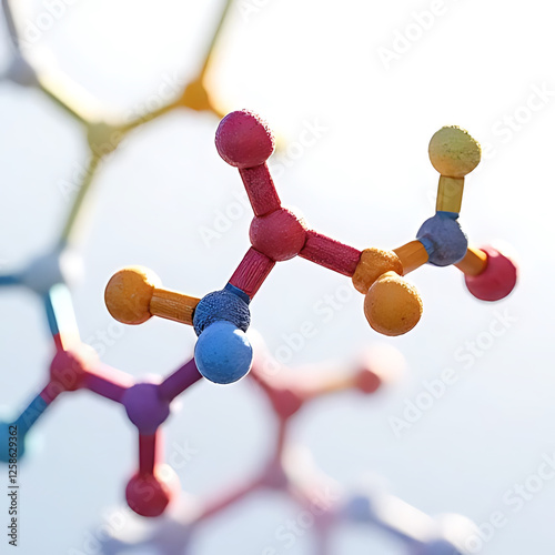 Colorful molecular structures are depicted in this close up image, showcasing vibrant atoms connected by bonds. bright colors and abstract design evoke sense of scientific exploration and creativity
