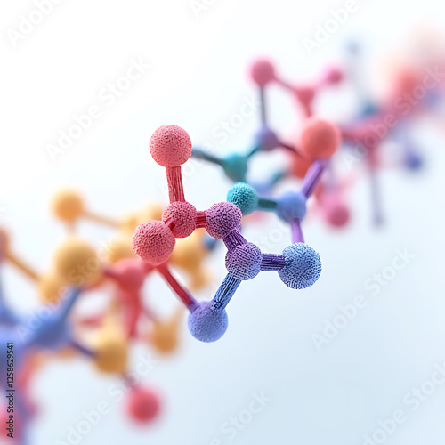 Molecular structure with colorful atoms representing chemical bonds and interactions, showcasing beauty of science and chemistry