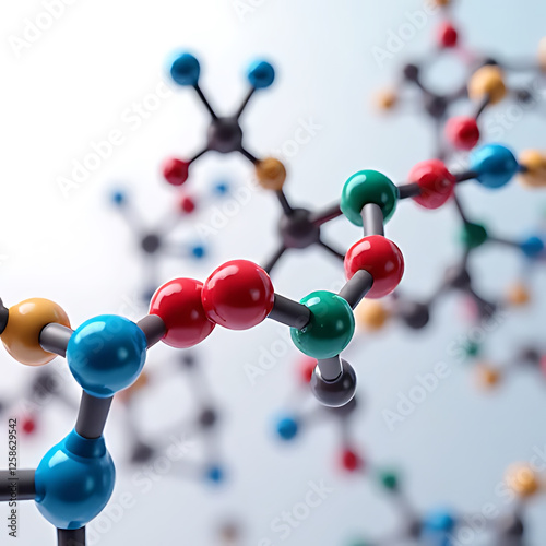Molecular structure with colorful atoms, showcasing scientific concept in chemistry. vibrant colors represent different elements, creating engaging visual for educational purposes