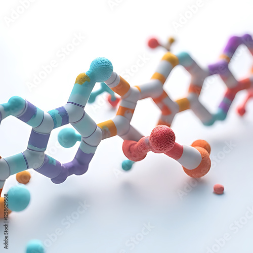 Molecular structure model showcasing colorful atoms and bonds, representing scientific research and chemistry. vibrant colors and intricate design evoke sense of discovery and innovation