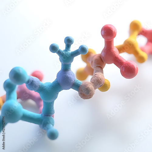 Molecular structure model in vibrant colors, showcasing interconnected atoms and bonds, representing scientific research and chemistry concepts