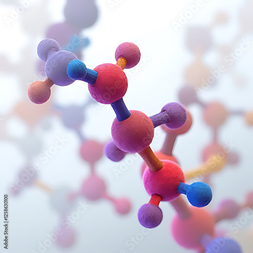 Molecular structure with colorful atoms and bonds, representing scientific concepts in chemistry and biology. vibrant colors create engaging visual for educational purposes