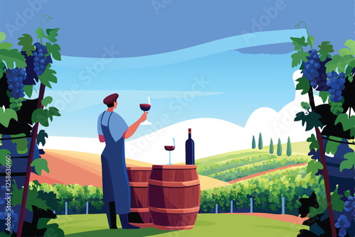 A seasoned winemaker meticulously inspects ripening grape vines in a sun-drenched vineyard, assessing their health and readiness for harvest.