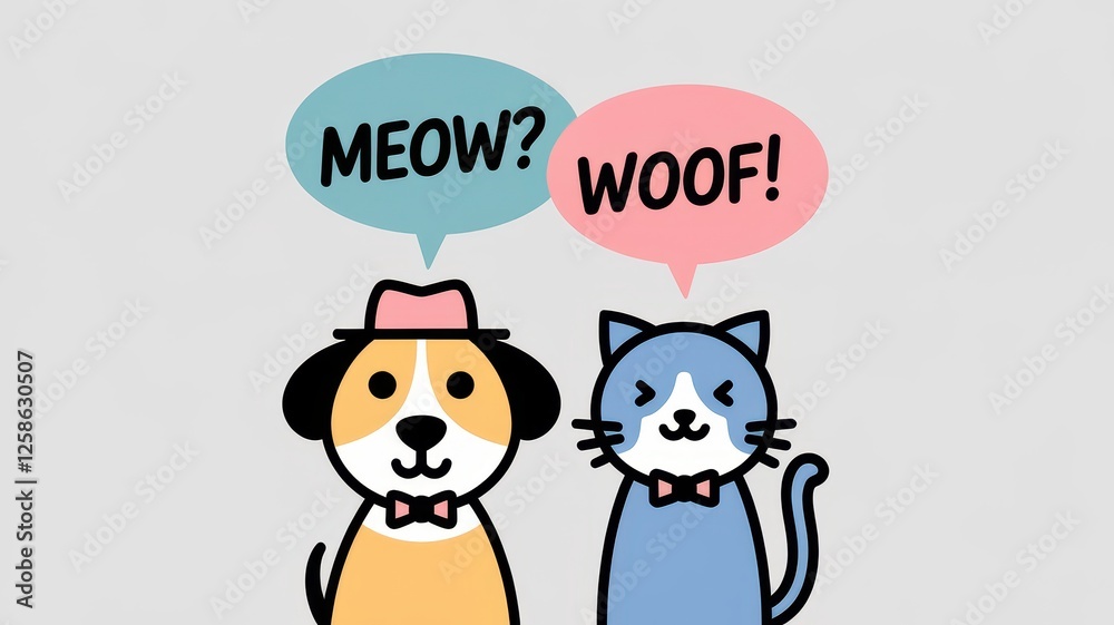 Obraz premium A charming cartoon of a dog wearing a hat and a cat both wearing bowties, communicating with playful speech bubbles saying 'Meow?' and 'Woof!'