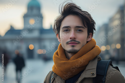 young man with stylish scarf stands confidently in urban setting, exuding sense of warmth and charm. background features blurred city architecture, enhancing focus on him