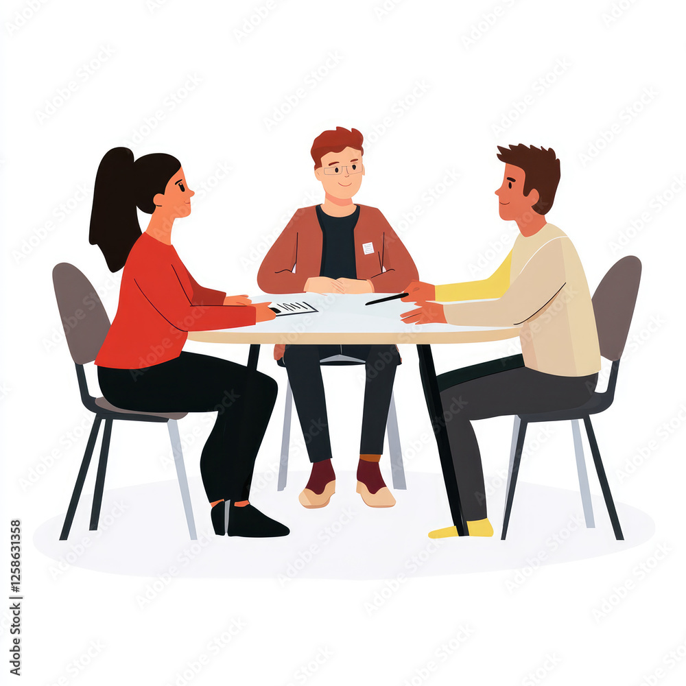 Fototapeta premium Three people engaged in discussion around table, showcasing teamwork and collaboration. setting emphasizes professional atmosphere with focus on communication