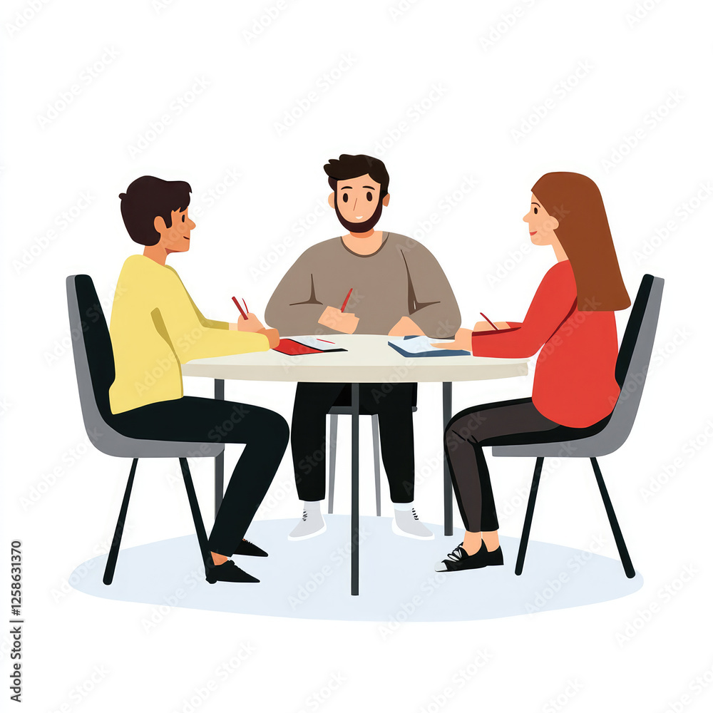 Collaborative meeting with three people discussing ideas at round table. They are engaged in brainstorming session, taking notes and sharing thoughts Collaborative meeting with three people discussing ideas at round table. They are engaged in brainstorming session, taking notes and sharing thoughts