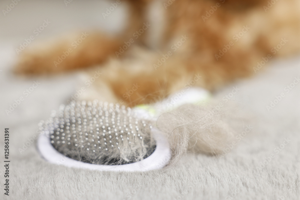 Brush with pet's hair and dog on grey rug indoors, selective focus Brush with pet's hair and dog on grey rug indoors, selective focus