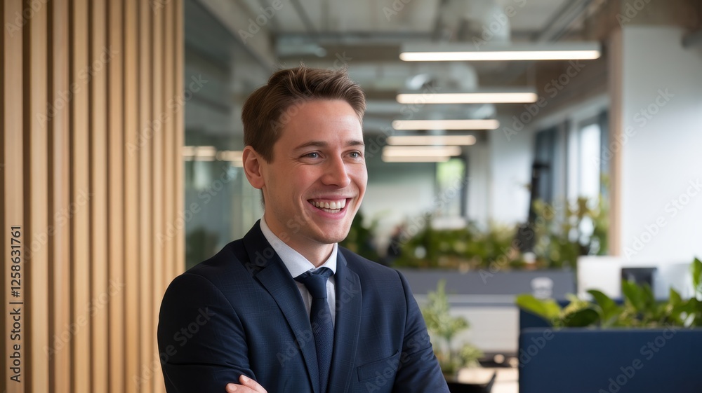 Smiling young Caucasian businessman in a modern office, dressed in a suit, exuding confidence and professionalism amidst a vibrant workspace. Smiling young Caucasian businessman in a modern office, dressed in a suit, exuding confidence and professionalism amidst a vibrant workspace.
