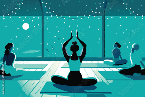 A serene yoga instructor guides a diverse class through a sun salutation, using yoga mats in a sunlit studio.  Focus on the instructor's calm demeanor and the students' focused postures.