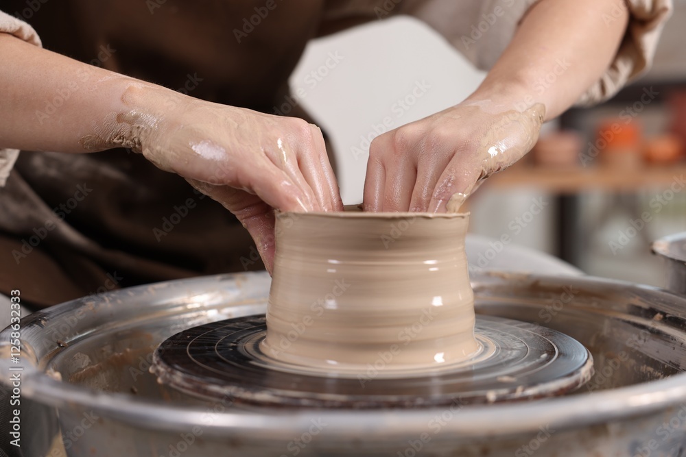 Hobby and craft. Woman making pottery indoors, closeup Hobby and craft. Woman making pottery indoors, closeup