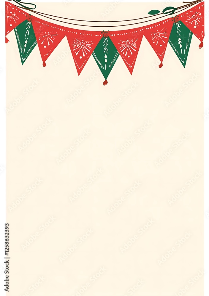 Fototapeta premium A white blank page with red and green Mexican paper cut decorations at the top