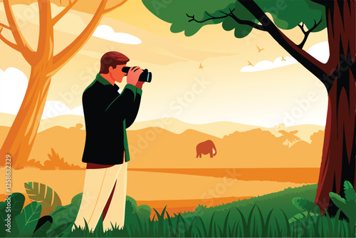A dedicated zoologist meticulously observes wildlife behavior within a lush, diverse wildlife reserve, using binoculars and a field notebook.
