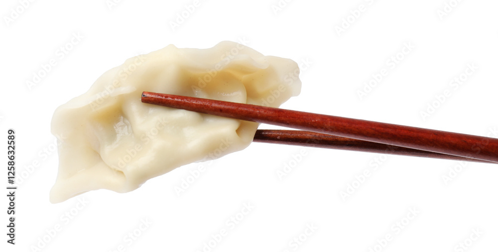 Chopsticks with fresh gyoza dumpling isolated on white Chopsticks with fresh gyoza dumpling isolated on white