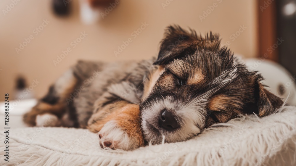 Adorable puppy peacefully sleeping on a cozy blanket, capturing the essence of tranquility and innocence. Adorable puppy peacefully sleeping on a cozy blanket, capturing the essence of tranquility and innocence.