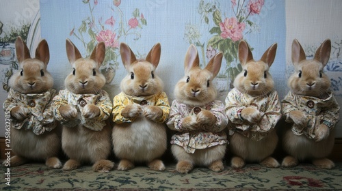 Four adorable rabbits stand in a row, each dressed in matching outfits and stylish bow ties, showcasing their charming personalities and playful spirit. photo