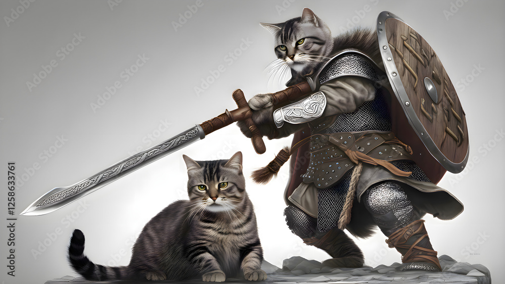 Fototapeta premium Heroic cat knight wielding a heavy sword, prepared for an epic fight. 