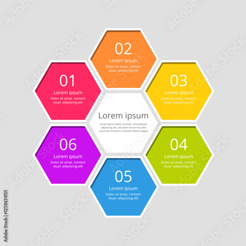 Vector Infographic 6 Elements Template. Hexagon Pie Chart with Place for Your Data.