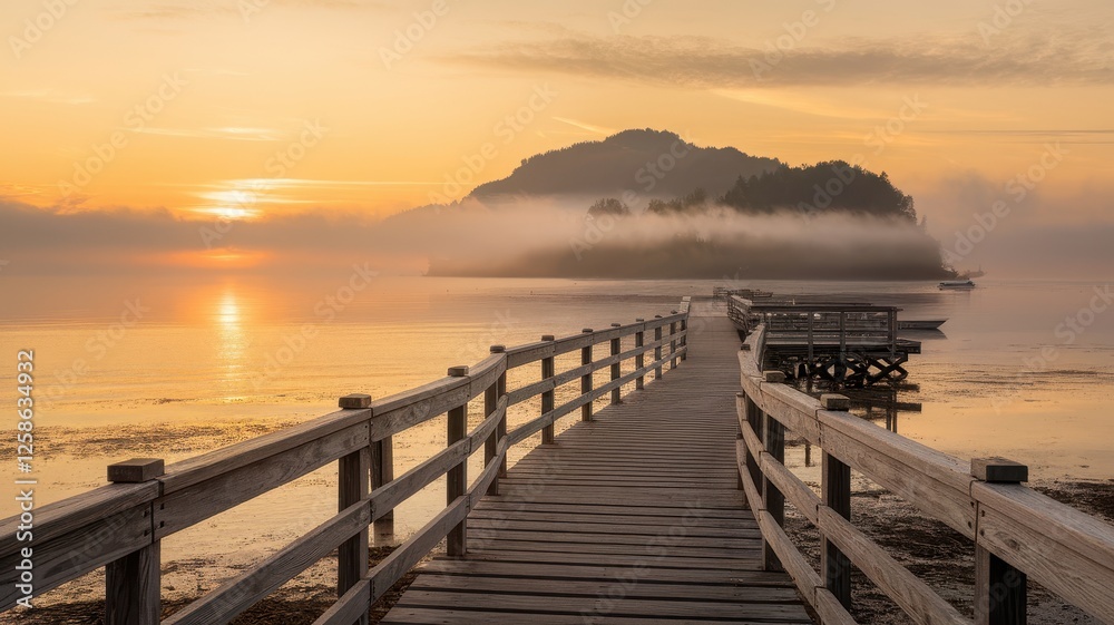 Fototapeta premium A serene wooden pier extends over calm waters at sunrise, surrounded by misty hills and warm golden light. A peaceful escape into nature's beauty.