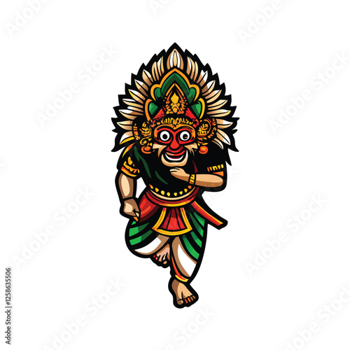 A vibrant, detailed depiction of a Barongan dance performance, showcasing intricate costumes, masks, and dynamic movement.