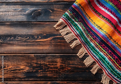 A wooden table with a colorful Mexican serape blanket
