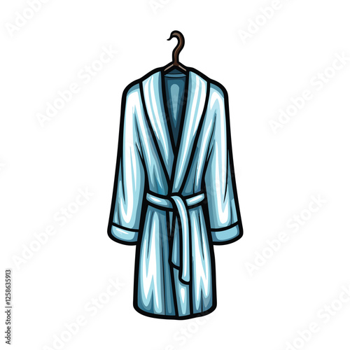 Create a vector illustration of a plush bathrobe neatly hanging on a hook, showcasing its texture and folds realistically.  Include details like the belt and collar.