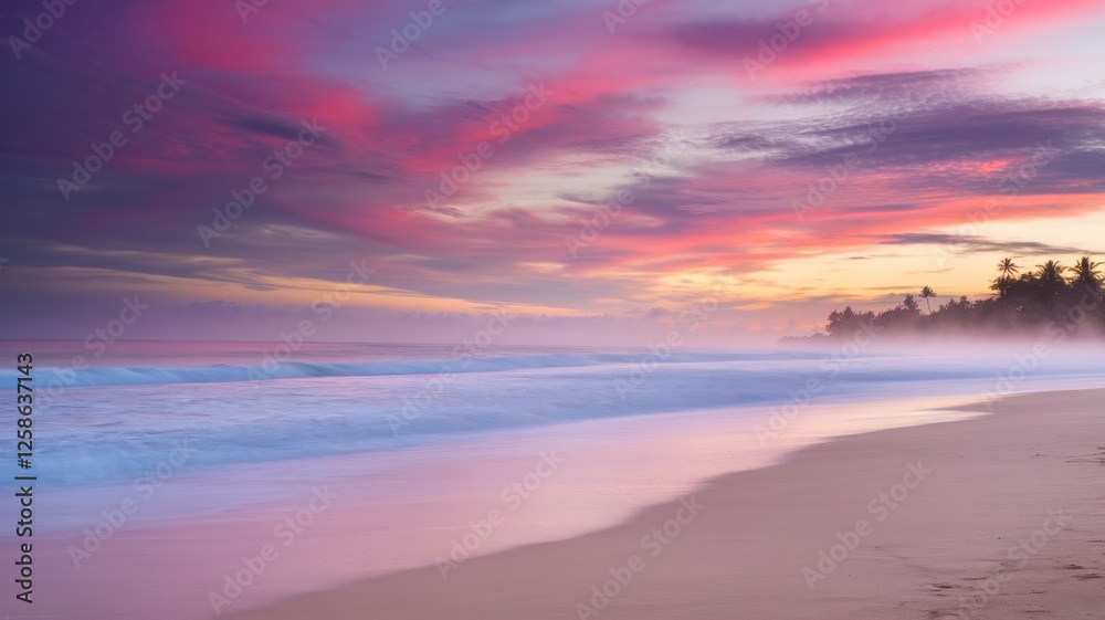 Fototapeta premium A serene beach scene at sunset, featuring soft waves and a colorful sky with pink and purple hues reflecting on the smooth sand.
