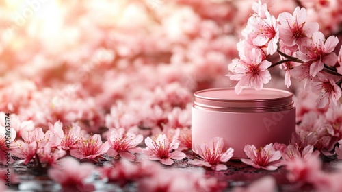 Pink cream jar amongst cherry blossoms photo